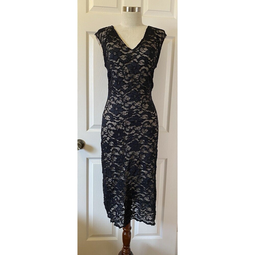 Vintage Y2K Black Lace Sleeveless Dress Beige Lining V-Neck Size L